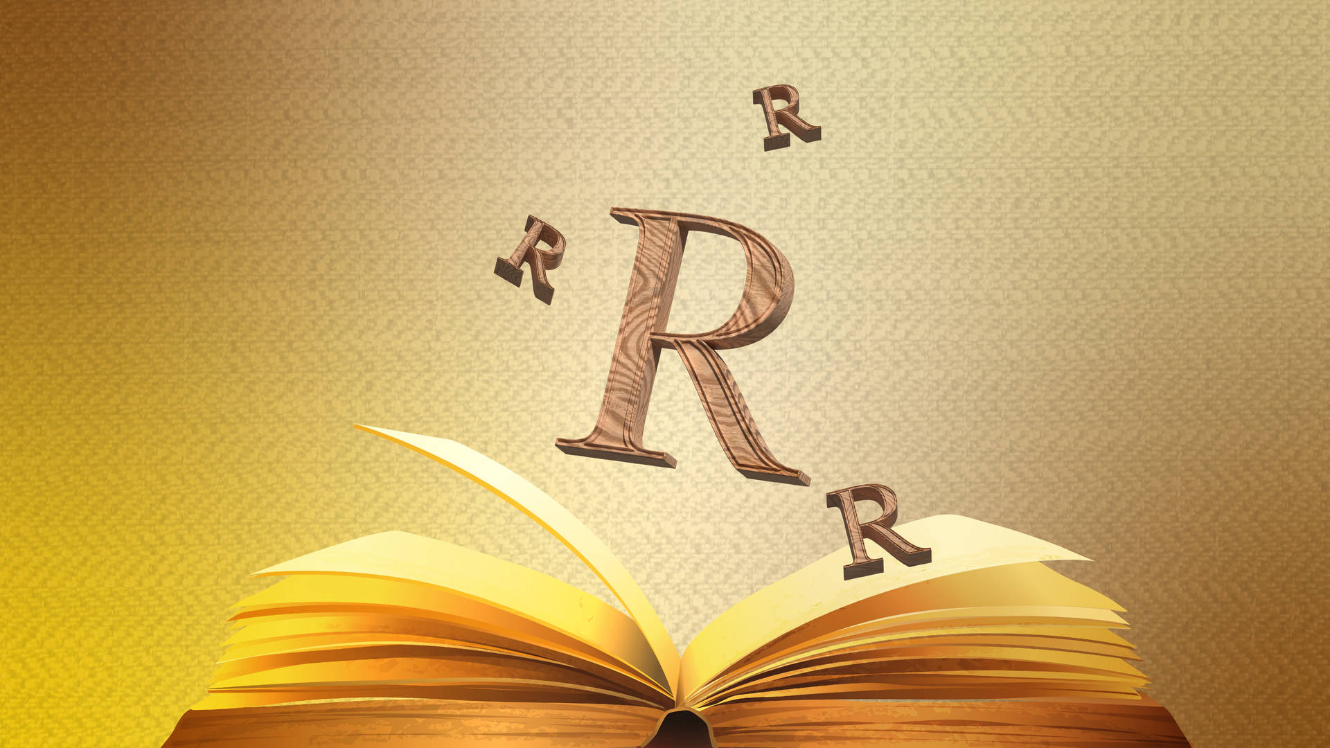字母動畫 桌布 壁紙 — 一本打開的書，金色書頁散發出漂浮的木質R字母，背景為有紋理的金色。