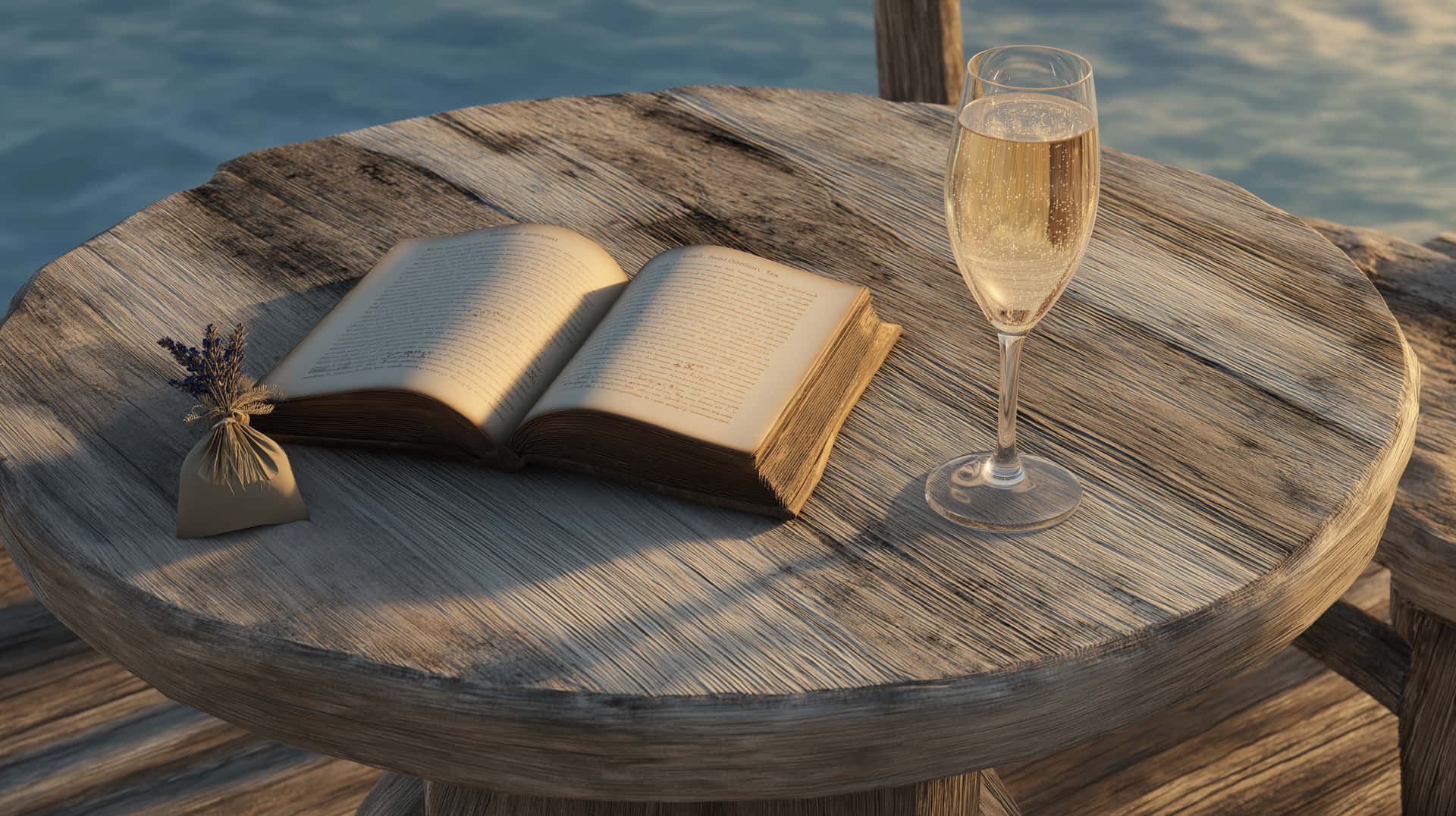 Photorealistic Weathered Wooden Table with Book and Champagne 壁紙 — 一本打開的書和香檳杯放在一張風化的木桌上，旁邊是平靜的水面，正值黃金時刻。