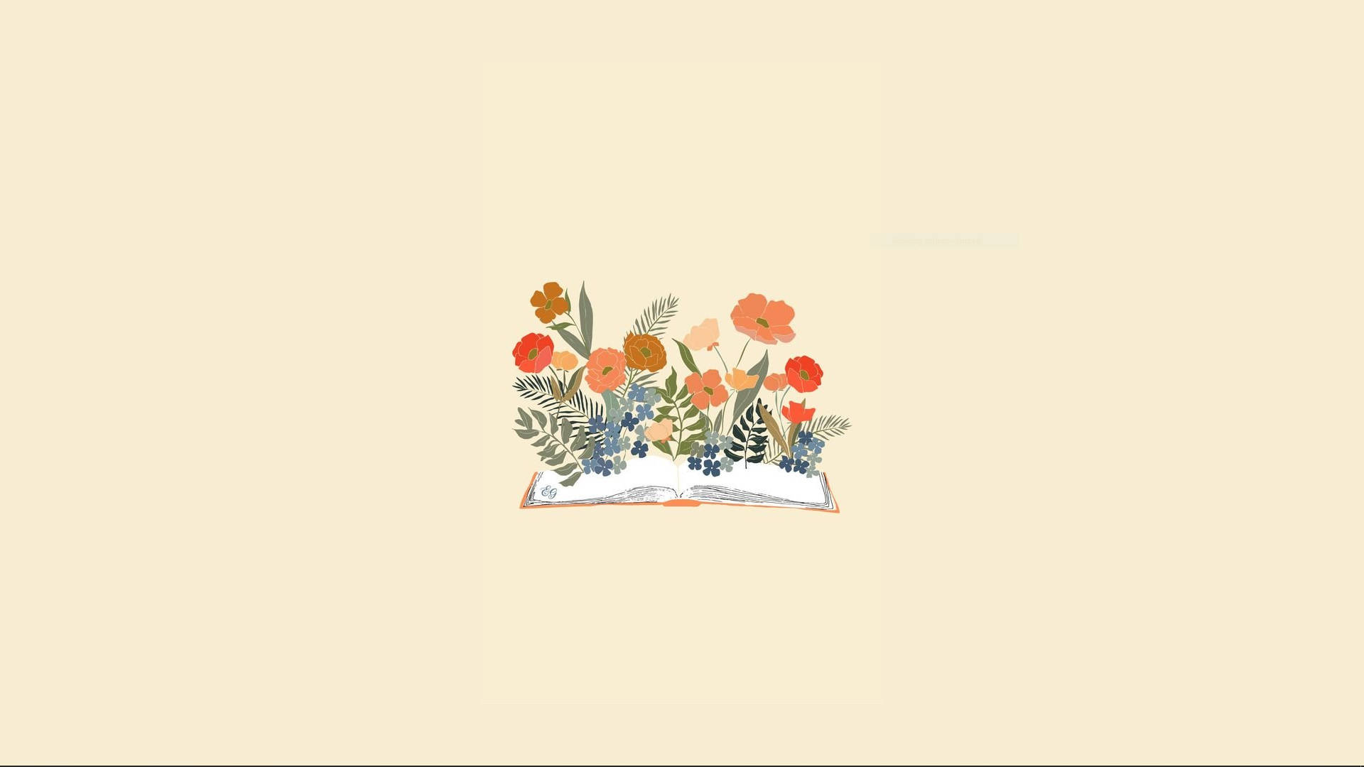 Flowers 桌布 壁紙 — 一本打開的書在柔和的米色背景上長出色彩繽紛的花朵和綠色植物。