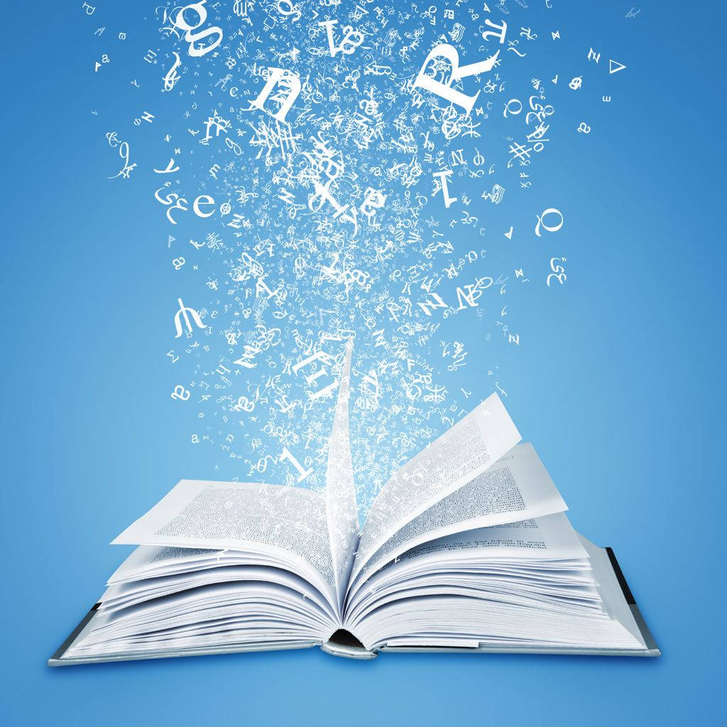 書本 桌布 壁紙 — 一本打開的書在純藍色背景上釋放出一連串漂浮的白色字母和符號。