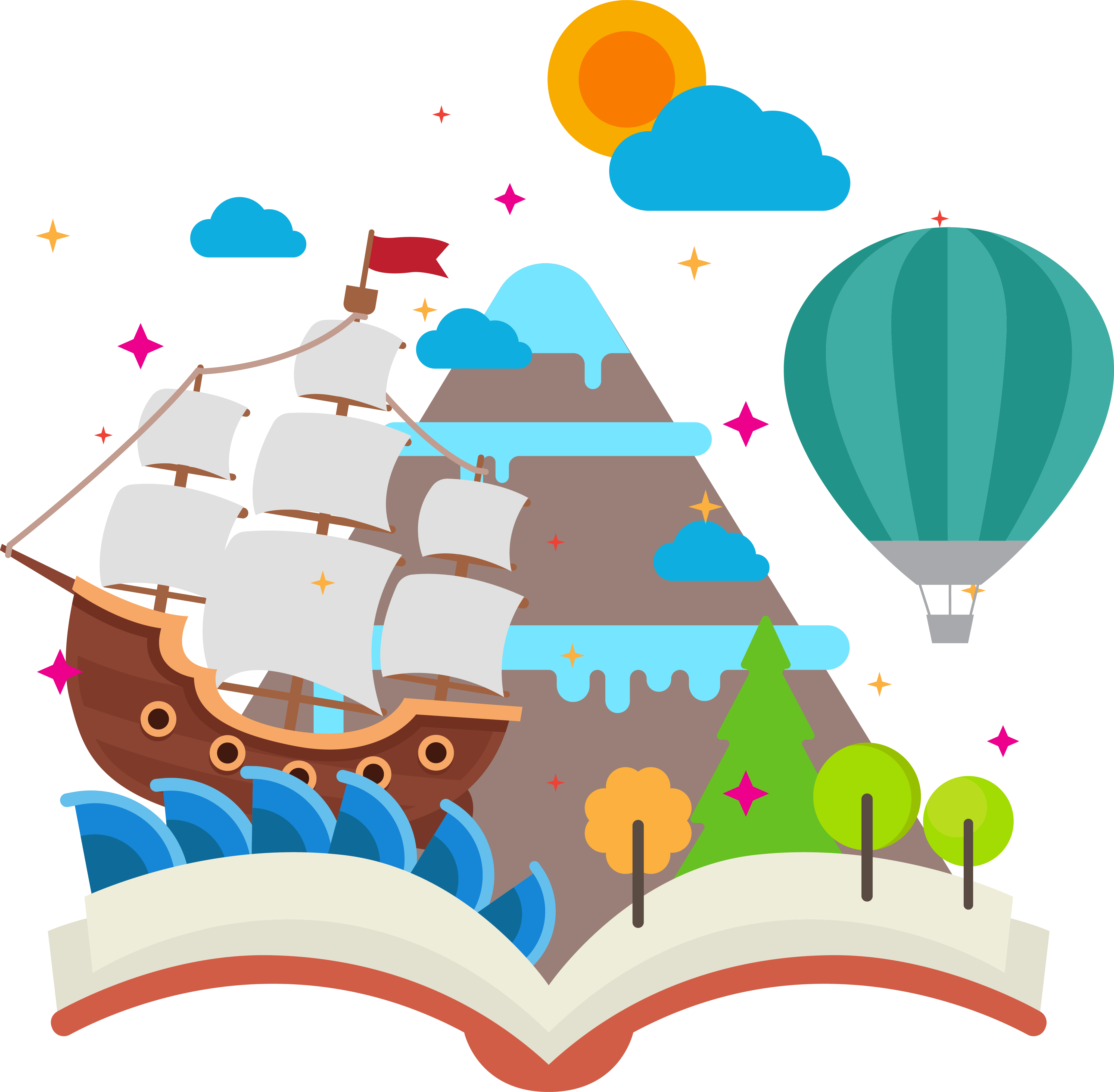Storybook 桌布 壁紙 — 一本打開的書展現出一個奇幻場景，有帆船、波浪、山、熱氣球和樹木，在陽光明媚、有雲和星星的天空下。