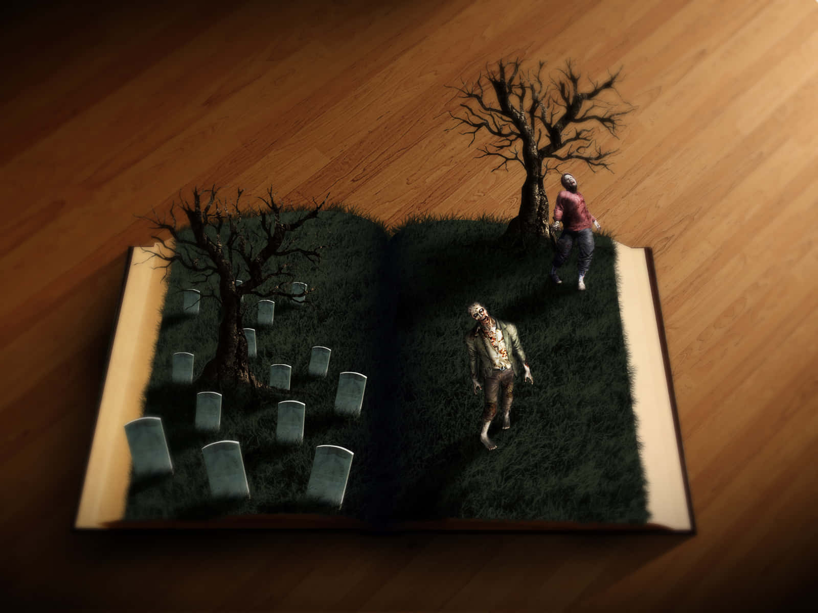 Halloween Books 桌布 壁紙 — 一本打開的書揭示了一個微型陰森墓地，有殭屍在墓碑和光禿樹木之間行走在木地板上。