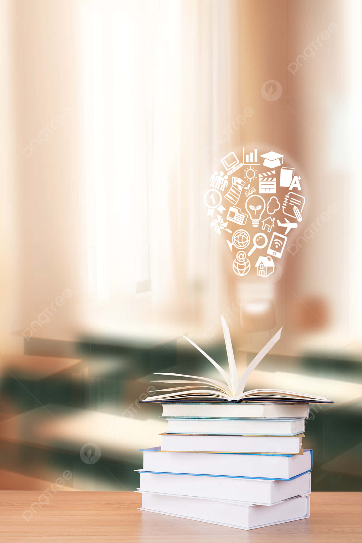 Educated 桌布 壁紙 — 一本打開的書放在一堆書上，散發出一個充滿教育圖標的發光燈泡，背景是柔和模糊的窗戶。