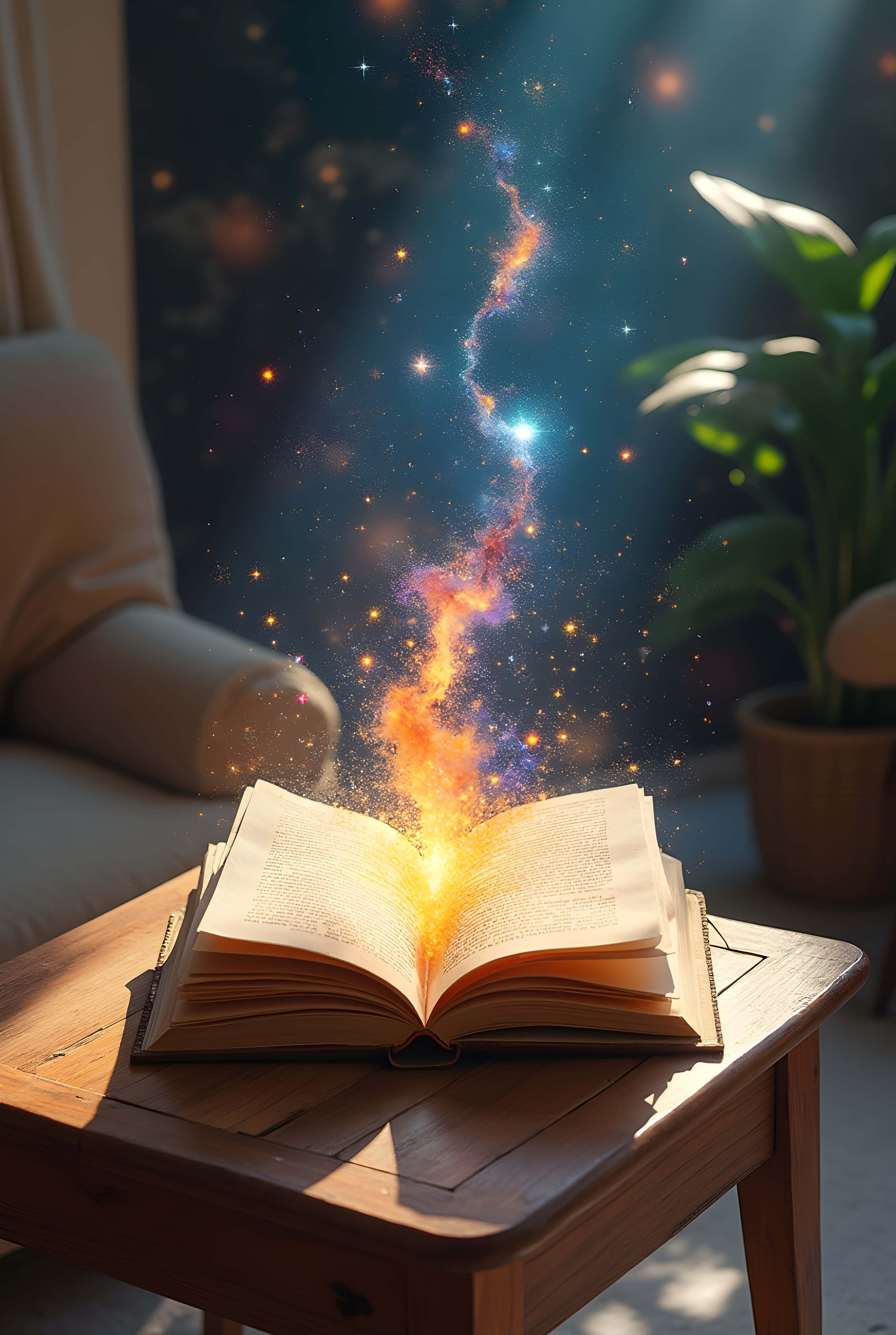 魔法動圖 桌布 壁紙 — 一本打開的書放在木桌上，散發出充滿星星和發光粒子的 vibrant 宇宙星雲，進入一個有沙發和盆栽植物的陽光房間。