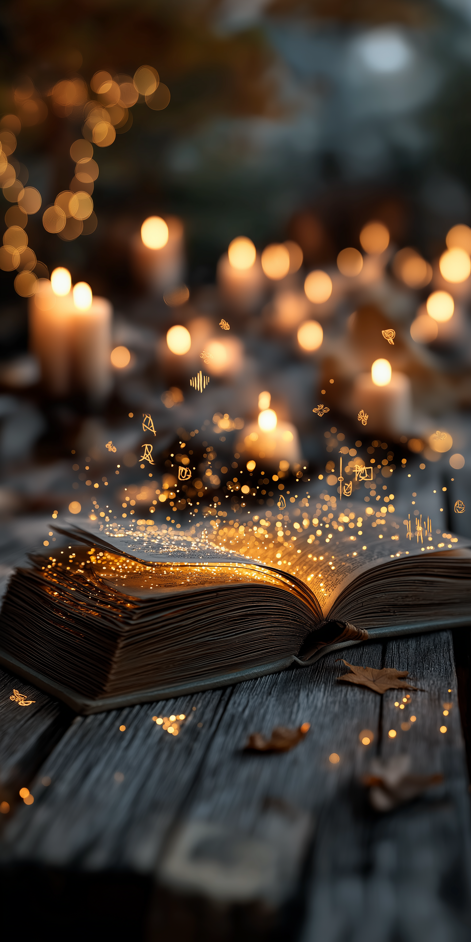enchanted 桌布 壁紙 — 一本打開的書放在木桌上，散發出金色火花和漂浮的符號，背景中蠟燭柔和地發光。