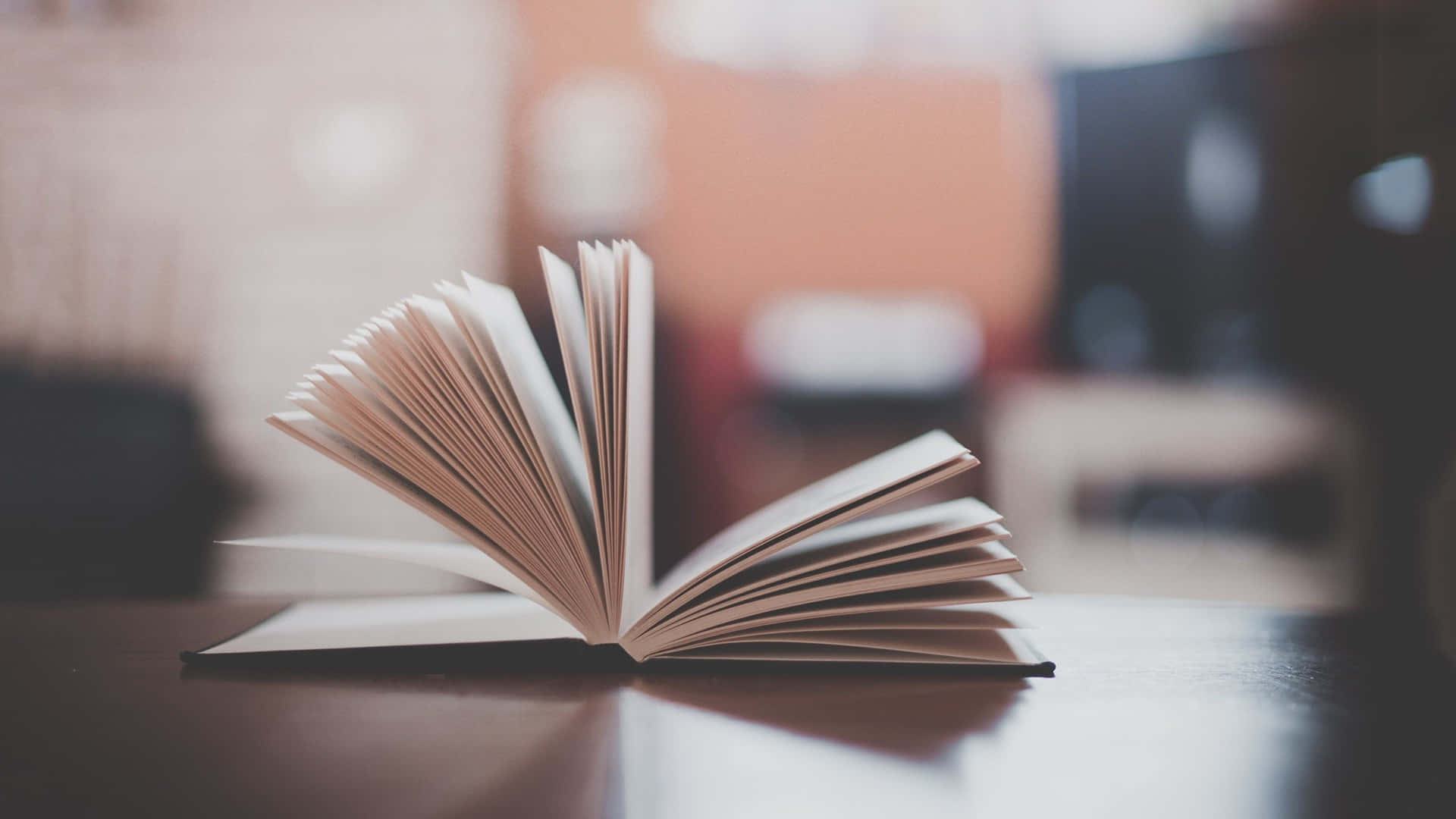 書本 桌布 壁紙 — 一本打開的書放在木質表面上，帶有柔和溫暖的燈光和模糊的背景家具。