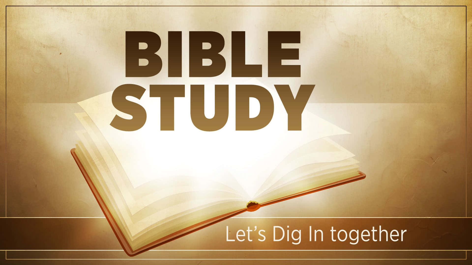 Bible Study 桌布 壁紙 — 一本打開的書散發出光芒，上方有「BIBLE STUDY」文字，下方有「一起深入探討」文字，背景為紋理金色。