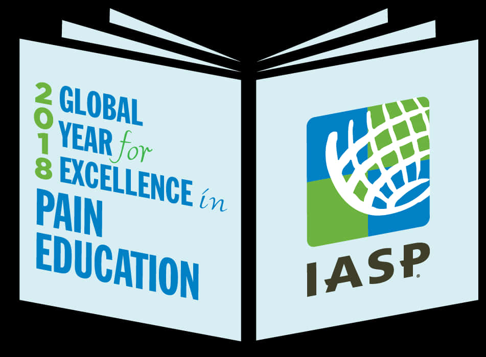 Pain 桌布 壁紙 — 一本打開的書本圖形在頁面上顯示「2018 Global Year for Excellence in Pain Education」和IASP標誌。