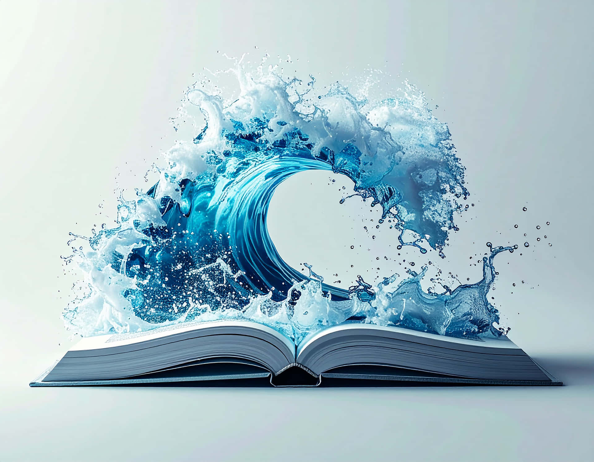 Knowledge Waves 壁紙 — 一本打開的書爆發出一道動態的藍色波浪，在柔和的灰色背景上以完美的弧線向上捲曲。