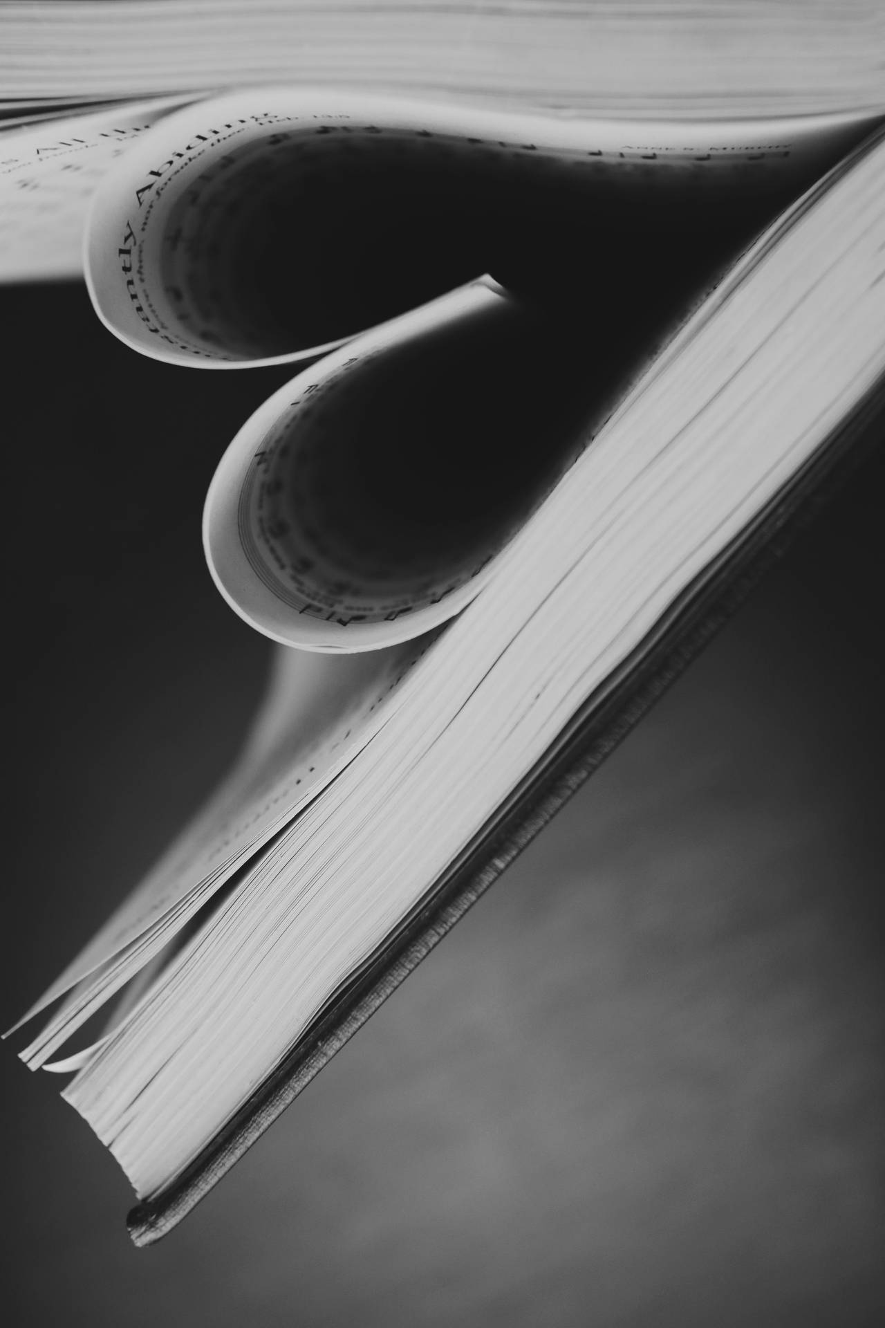 打開的書的特寫，書頁捲曲，以黑白顯示文字。