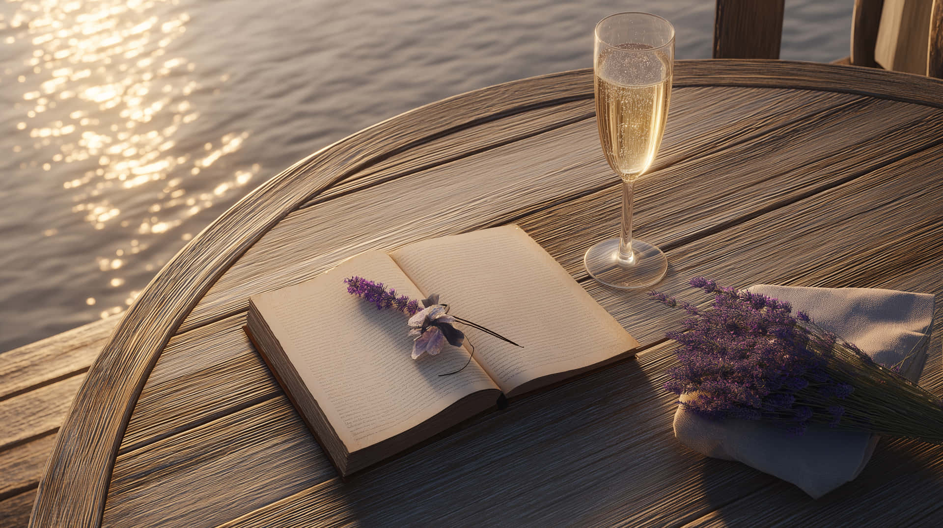 Serene Lakeside Table with Open Book, Champagne, and Lavender 壁紙 — 一本打開的書與薰衣草花放在木桌上，旁邊有一杯香檳，背景是日落時分閃爍的水面。