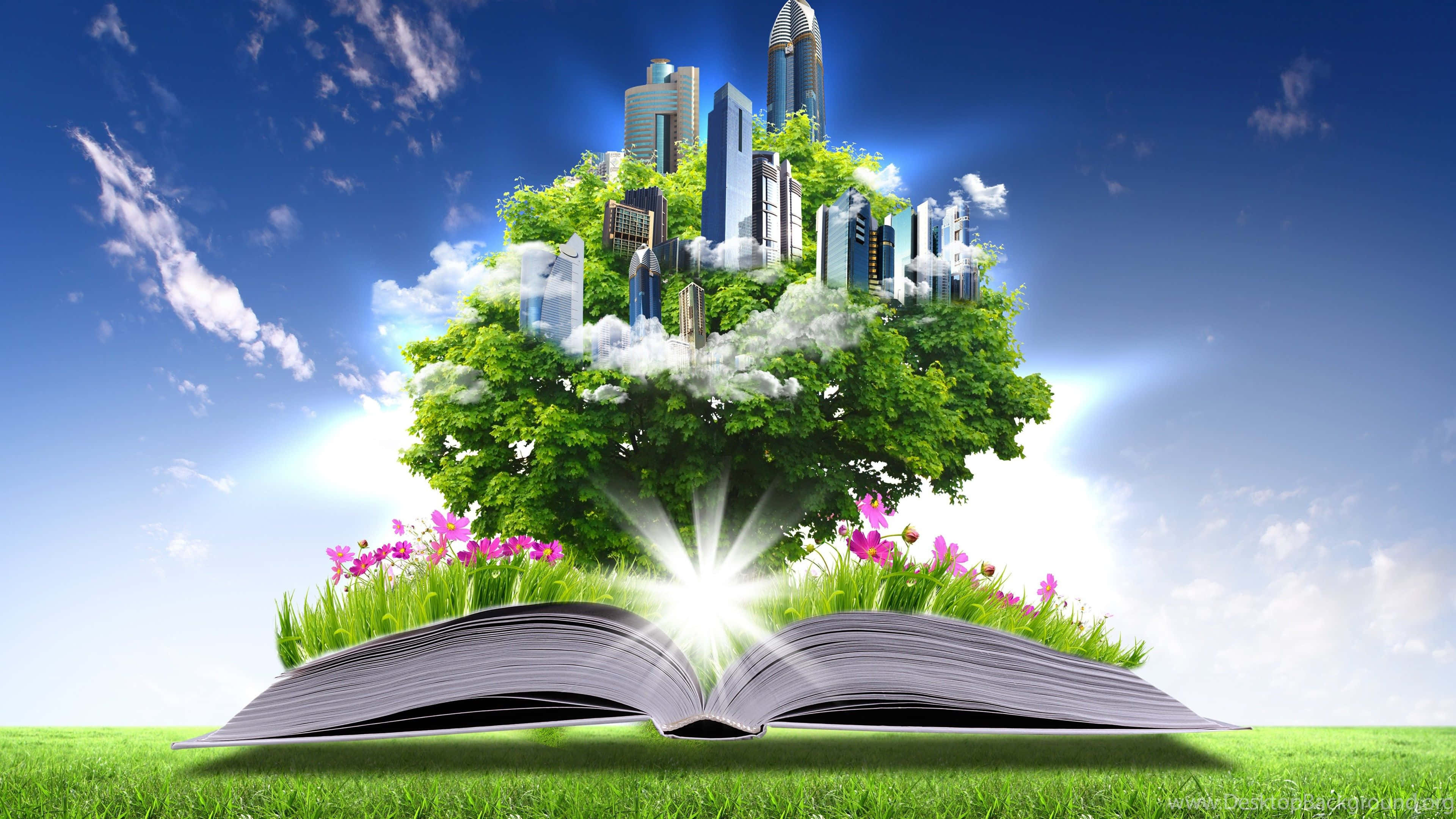 Eco-tourism 桌布 壁紙 — 一本打開的書長出一棵充滿活力的綠色樹木，其樹冠下在明亮的藍天下生長著一座未來城市。