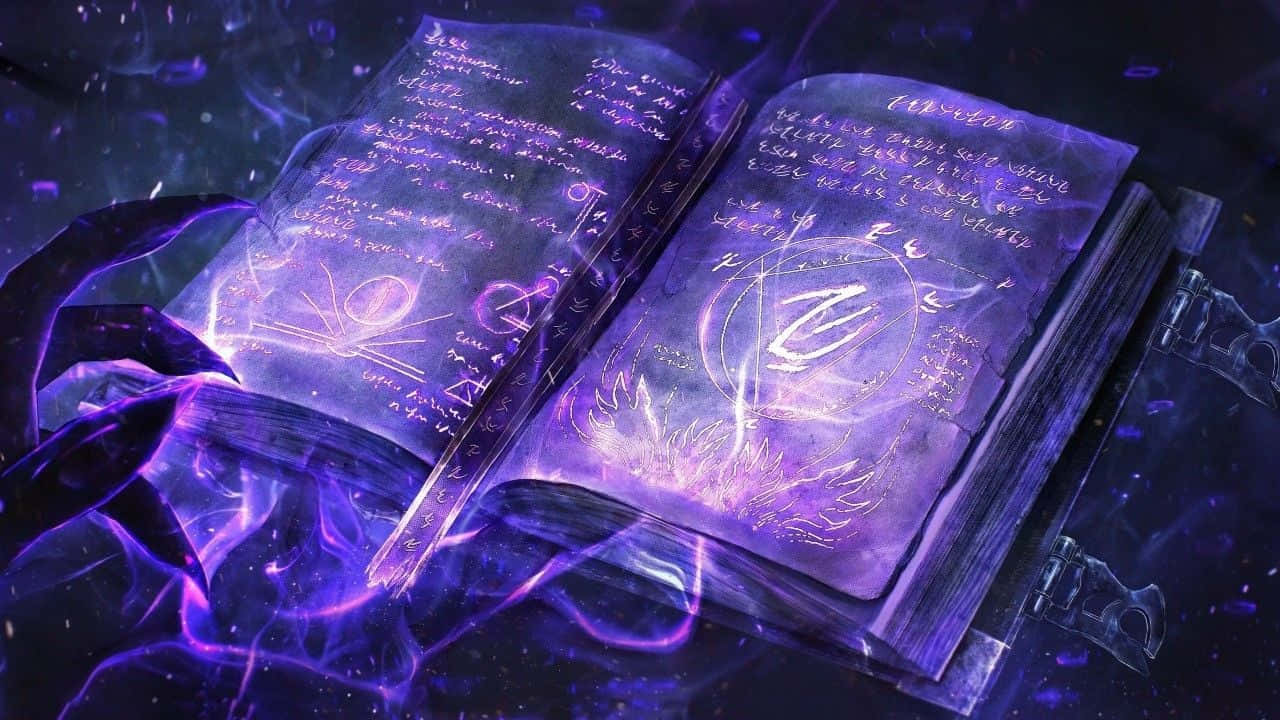 魔法動圖 桌布 壁紙 — 一本打開的神秘書籍，散發著紫色能量和神秘符號，漂浮在黑暗的宇宙虛空中。