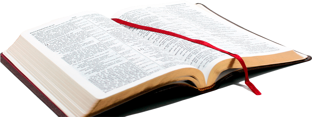 Open Bible 桌布 壁紙 — 一本打開的精裝書，帶有紅色絲帶書籤，放在深色表面上，背景是柔和的青綠色。