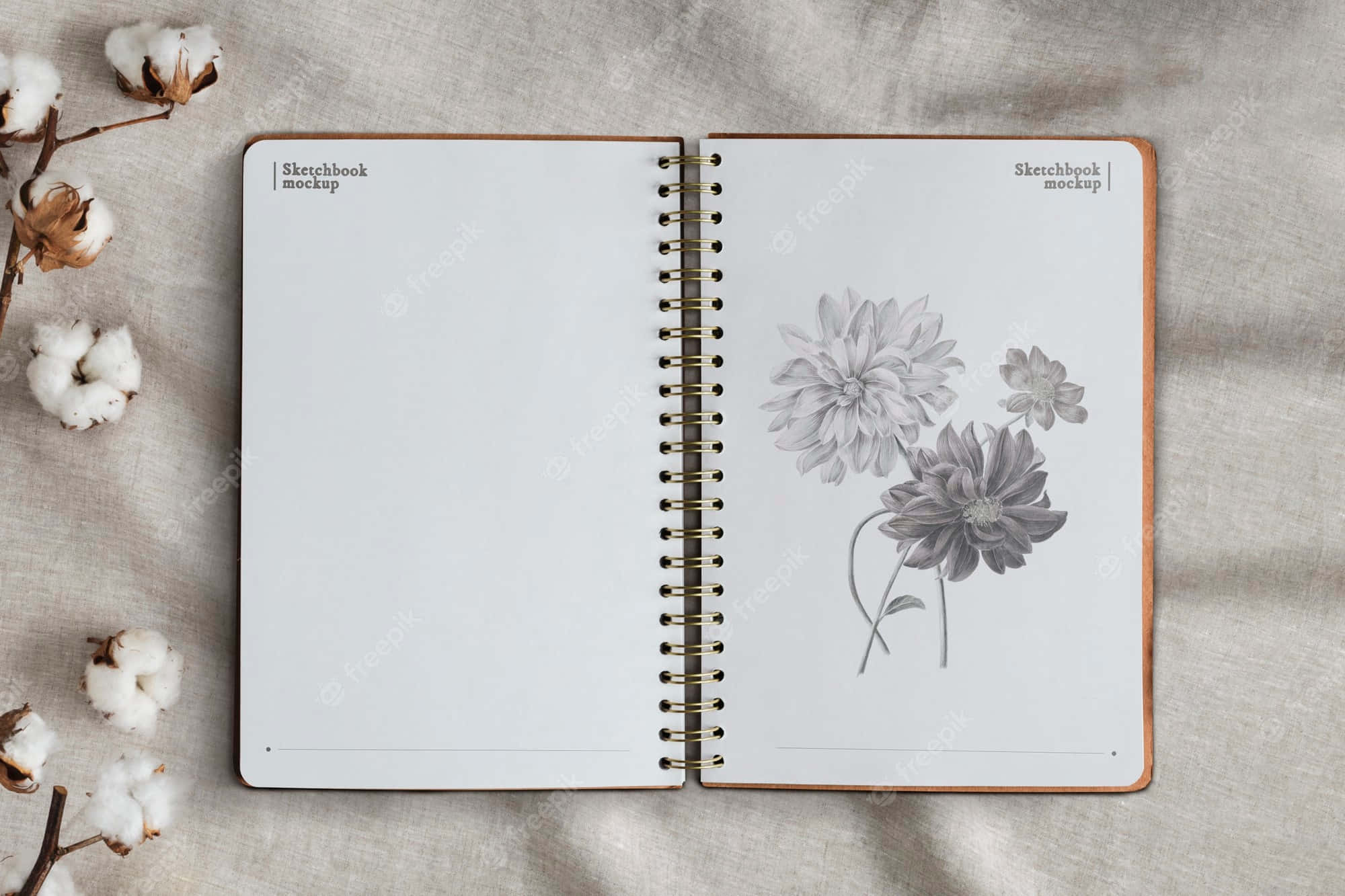 Diary 桌布 壁紙 — 一本打開的素描本，上面有精緻的鉛筆繪製花朵，放在亞麻布表面上，旁邊是蓬鬆的棉鈴。