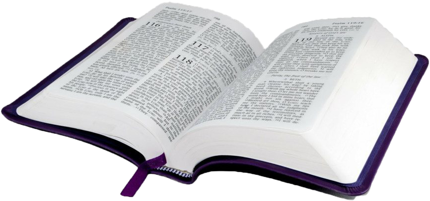 Open Bible 桌布 壁紙 — 一本打開的紫色精裝聖經，可見頁碼和經文，放在純色背景上。