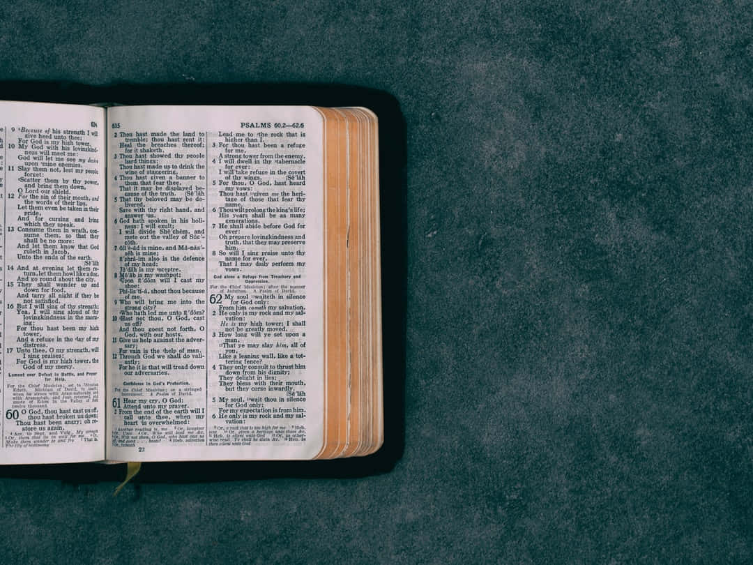New Testament 桌布 壁紙 — 一本打開的聖經，詩篇放在有紋理的青綠色布料背景上。