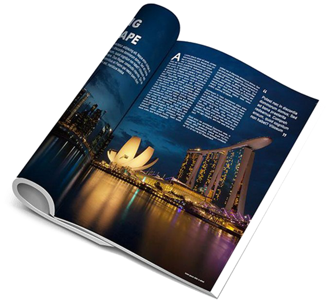 剪貼畫 桌布 壁紙 — 一本打開的雜誌展示了充滿活力的新加坡夜景，濱海灣金沙和藝術科學博物館在水中的倒影閃閃發光。