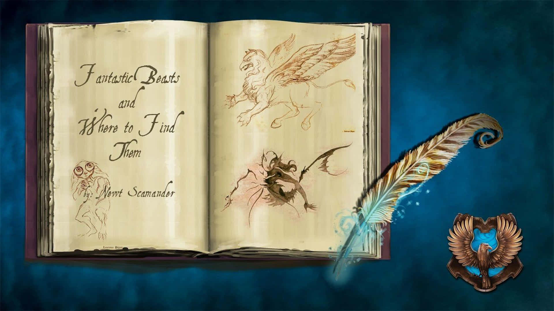 赫夫帕夫 桌布 壁紙 — 一本打開的魔法書，名為《Fantastic Beasts and Where to Find Them》，旁邊有手繪生物和發光的羽毛筆。