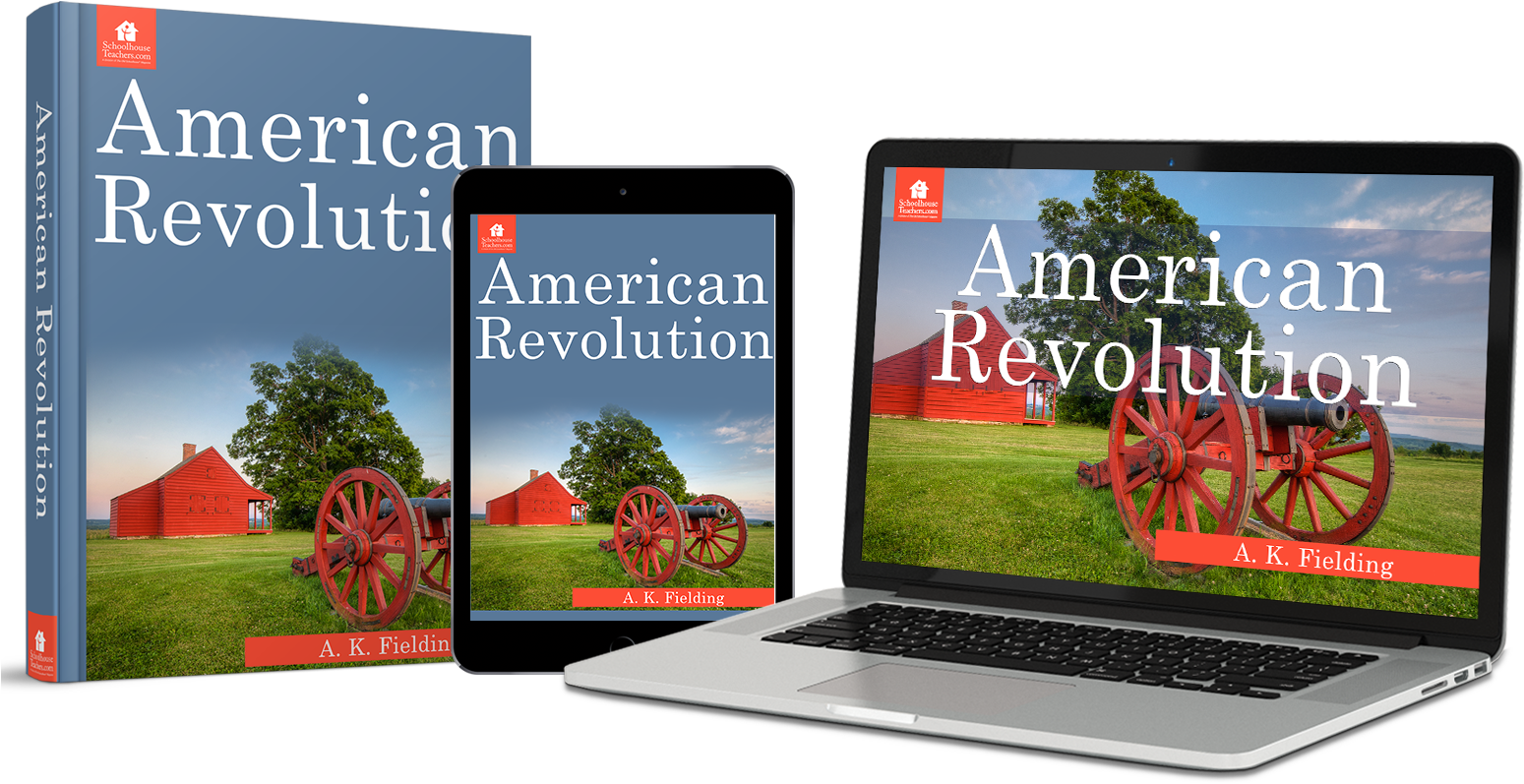 revolution 桌布 壁紙 — 一本書、平板電腦和筆記型電腦顯示相同的美國革命封面，上面有紅色大砲和紅色穀倉，背景是藍天下的綠色田野。