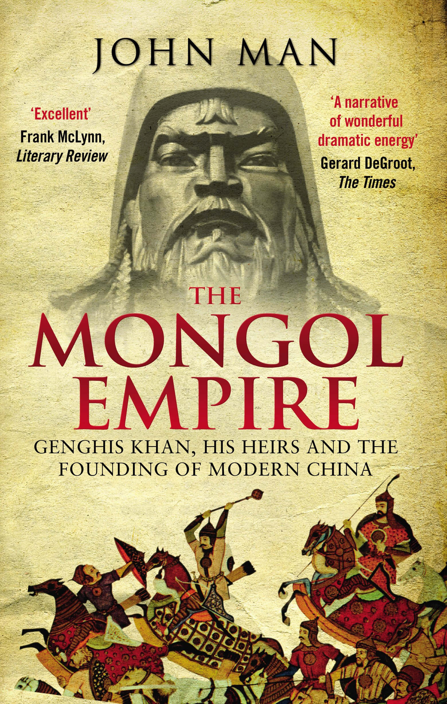 Mongolia 桌布 壁紙 — 一本書的封面，上面有一個嚴肅的蒙古戰士肖像，下面是騎兵戰鬥的動態插圖。
