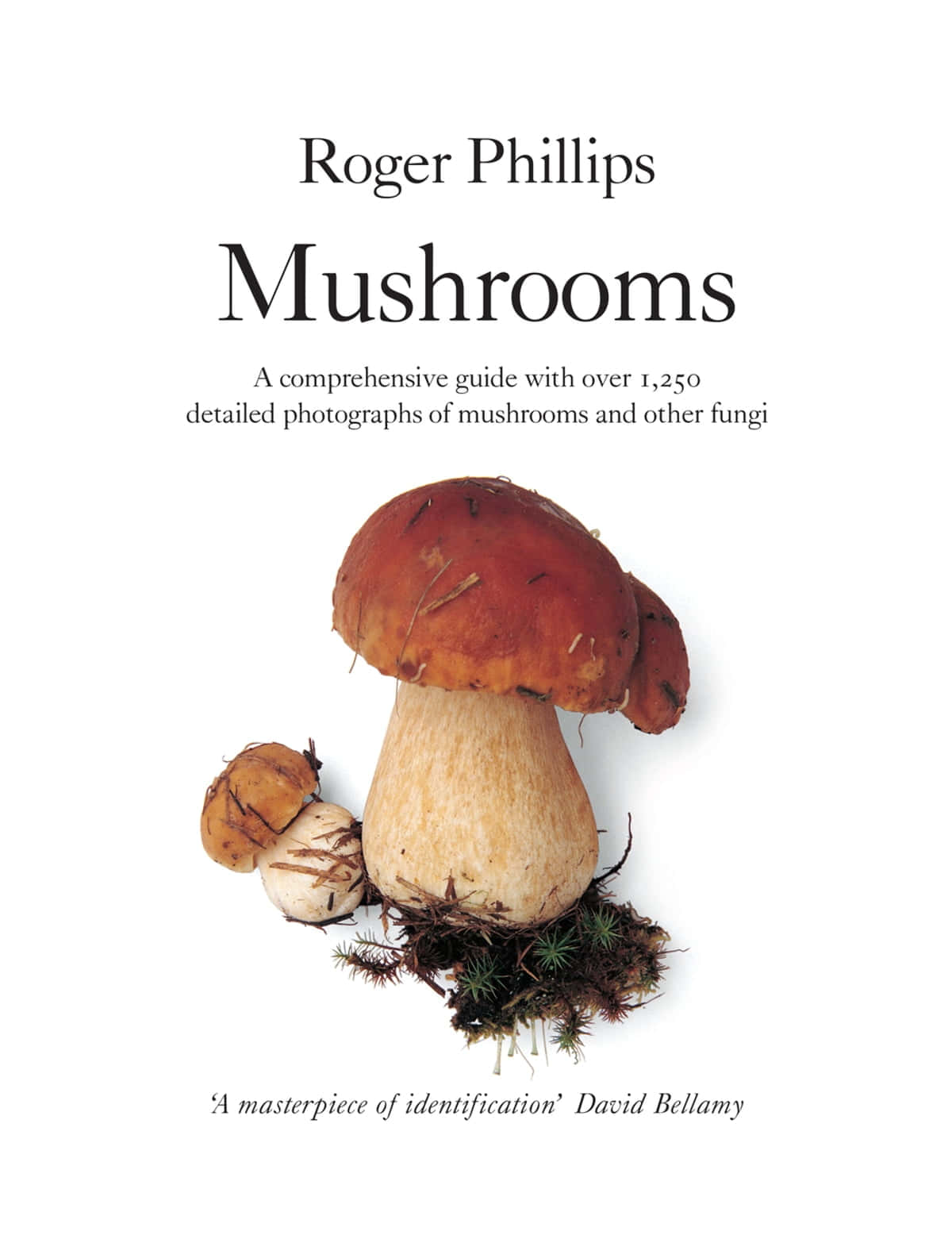 Mushroom Identification 桌布 壁紙 — 一本書的封面，以純白色背景襯托一個大型紅蓋蘑菇，旁邊有兩個較小的蘑菇。