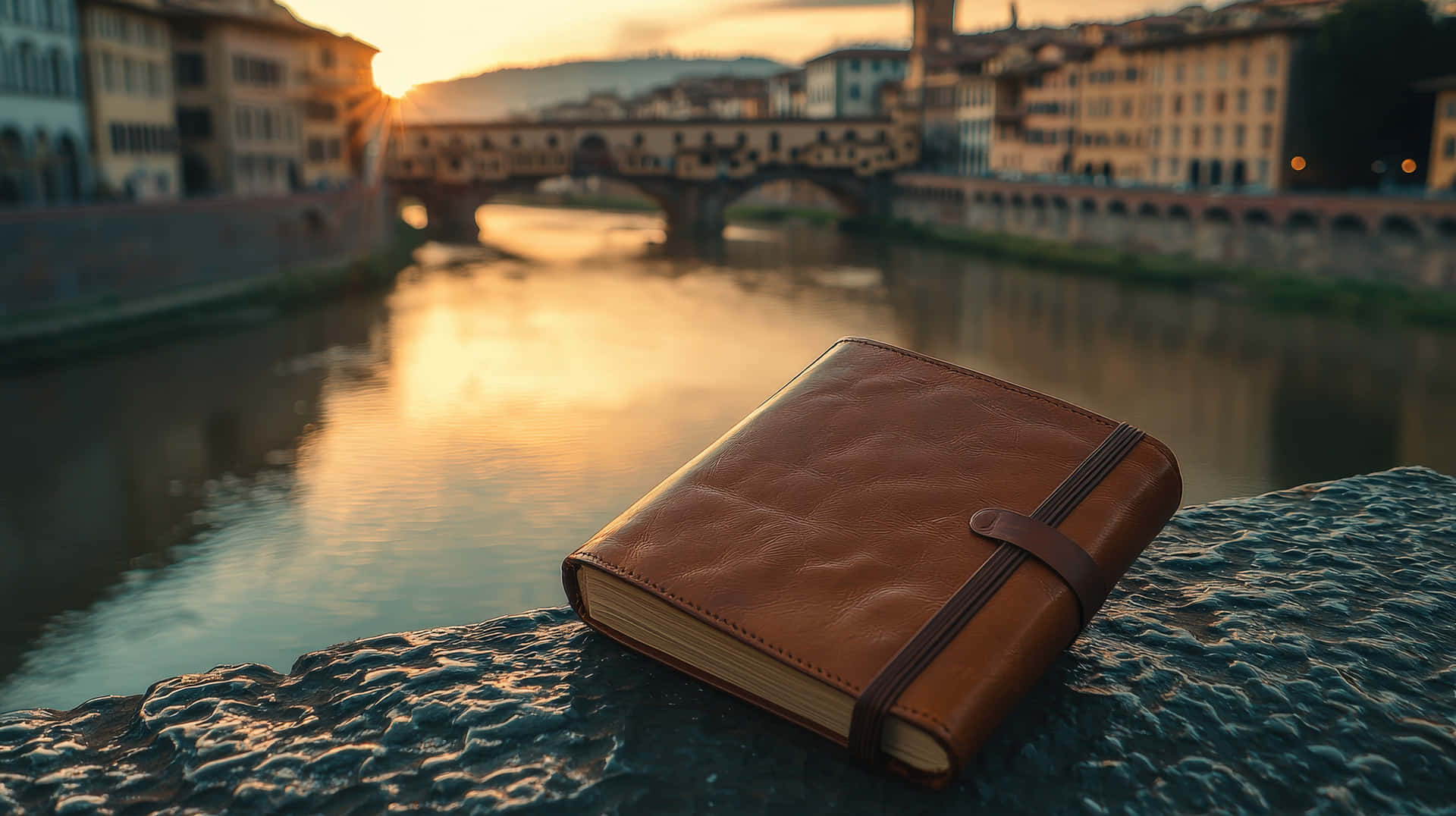 Leather Journal Resting on a Historic Bridge Overlooking a Sunset River 壁紙 — 一本棕色皮革日記放在石頭壁架上，俯瞰阿諾河，正值黃金時刻，背景中的老橋呈現柔焦效果。