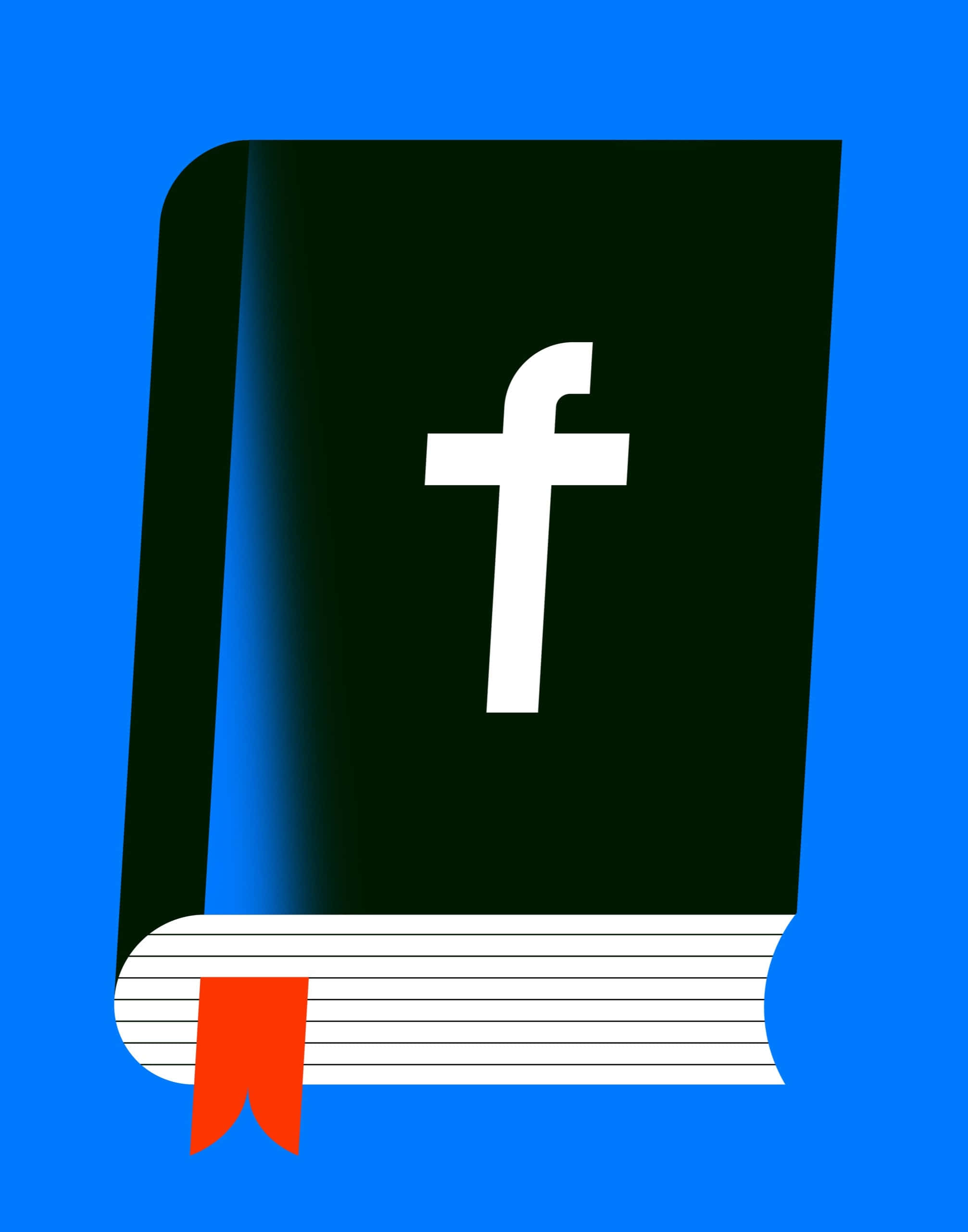 Facebook 桌布 壁紙 — 一本深綠色書，封面有白色Facebook標誌，紅色書籤，背景為亮藍色。