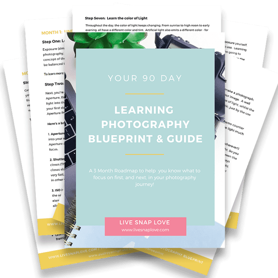 攝影師 桌布 壁紙 — 一本淺藍色指南書，名為 'Your 90 Day Learning Photography Blueprint & Guide'，放在散落的印刷頁面上，上面有攝影技巧和一個粉紅色網站橫幅。