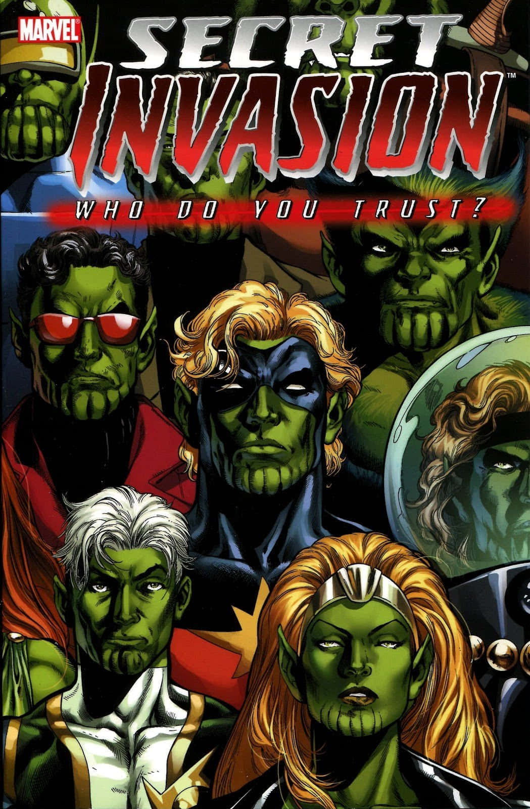 Secret Invasion 桌布 壁紙 — 一本漫畫書封面，展示多個綠色皮膚的超級英雄和反派，在粗體紅色和白色字體下帶有強烈表情。