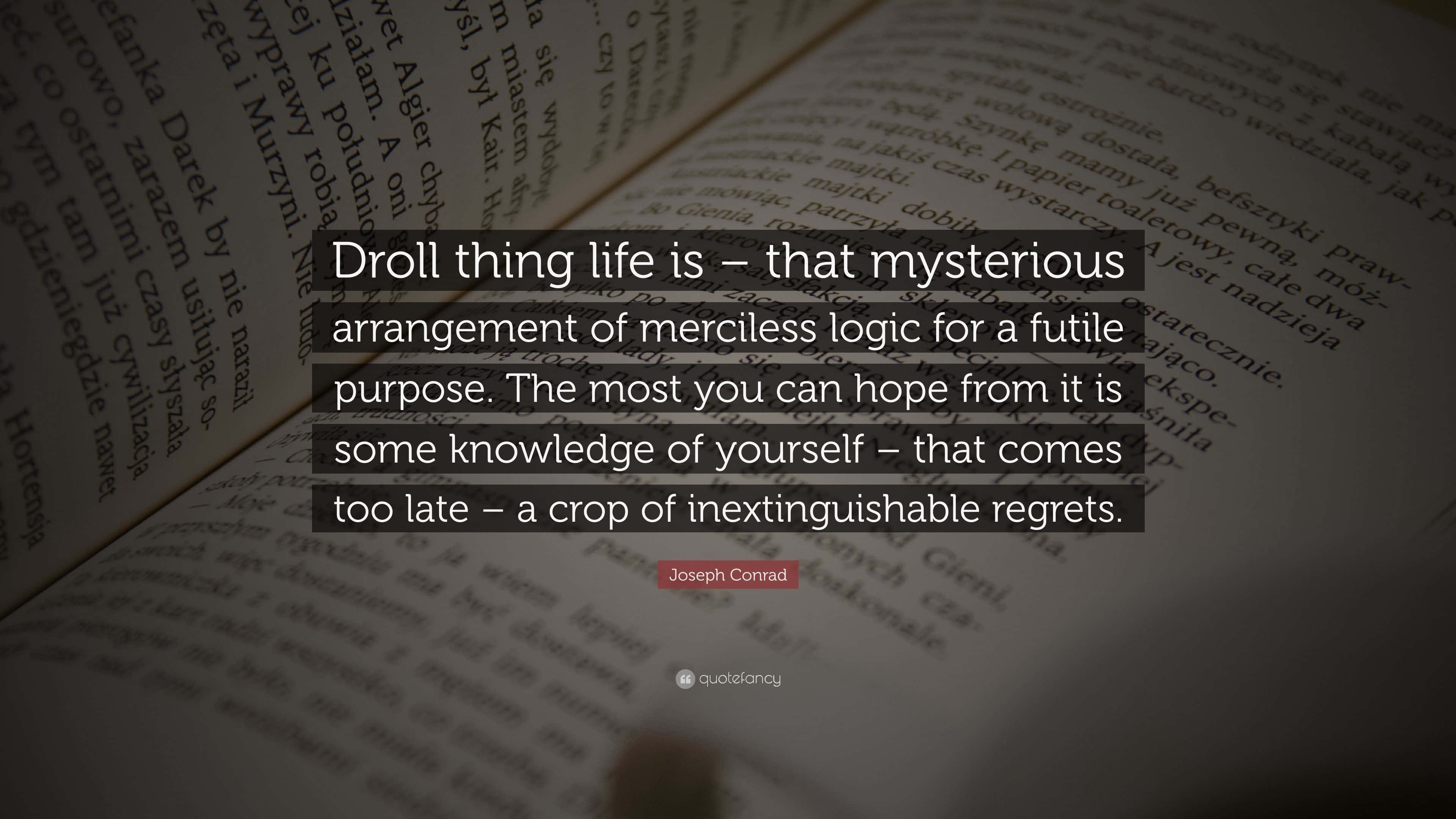 Droll 桌布 壁紙 — 一本燈光昏暗的打開書本顯示約瑟夫·康拉德的一句深刻引文，以粗體白色文字疊加在模糊的頁面上。