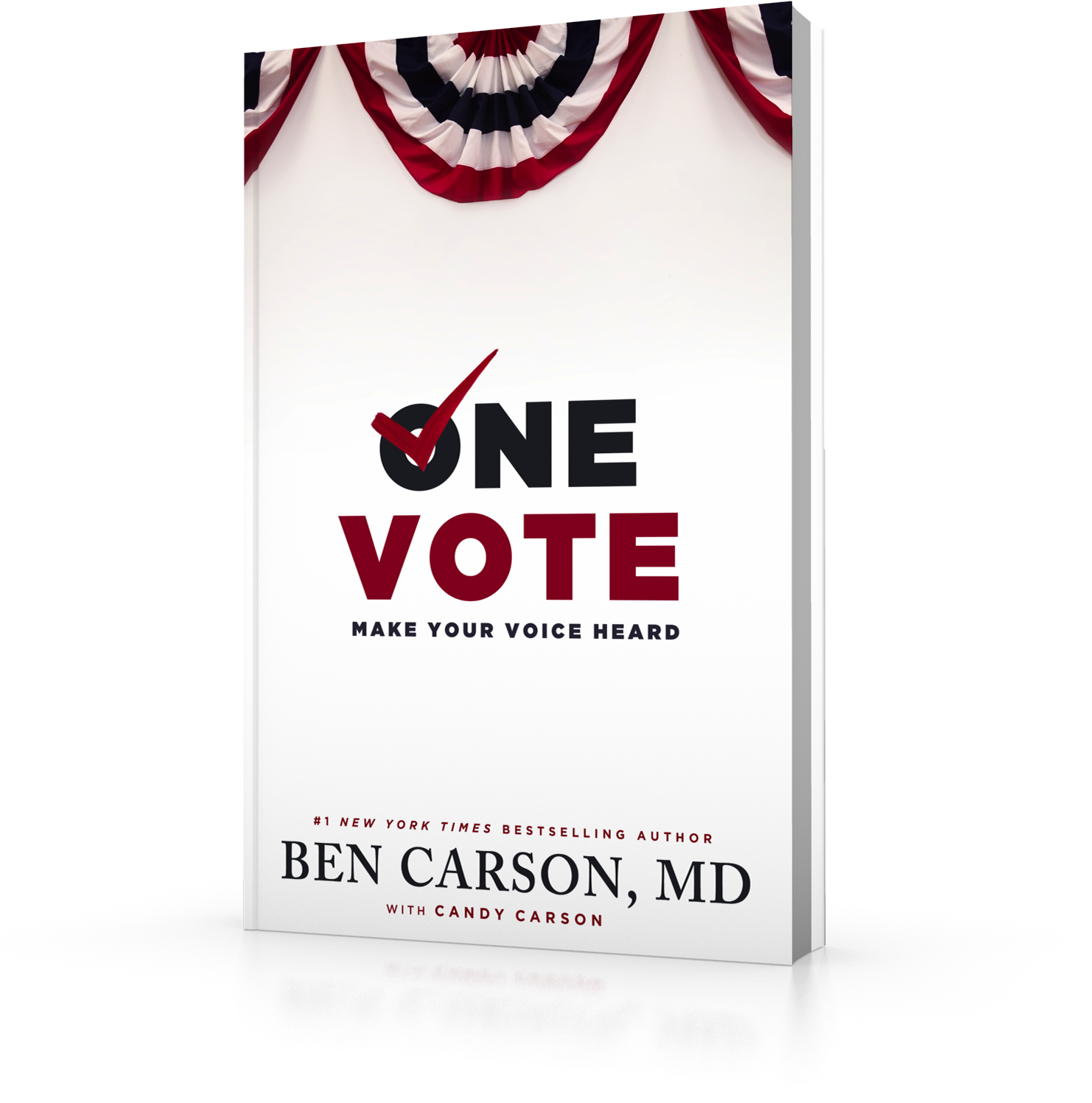 書本 桌布 壁紙 — 一本白色書名為《One Vote》，帶有紅色勾號和愛國裝飾，背景為黑色。