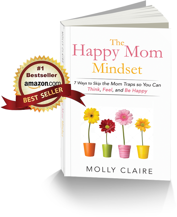 書本 桌布 壁紙 — 一本白色書籍，名為《The Happy Mom Mindset》，配有四盆色彩繽紛的盆栽花卉和一個最佳銷售徽章，背景為黑色。