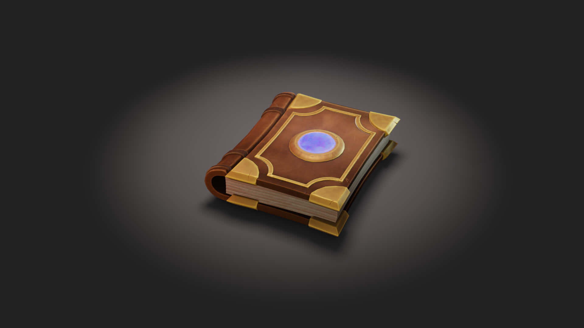 Grimoire 桌布 壁紙 — 一本神秘的皮革裝訂書，中央有一顆發光的藍色球體，在黑暗背景的聚光燈下靜置。