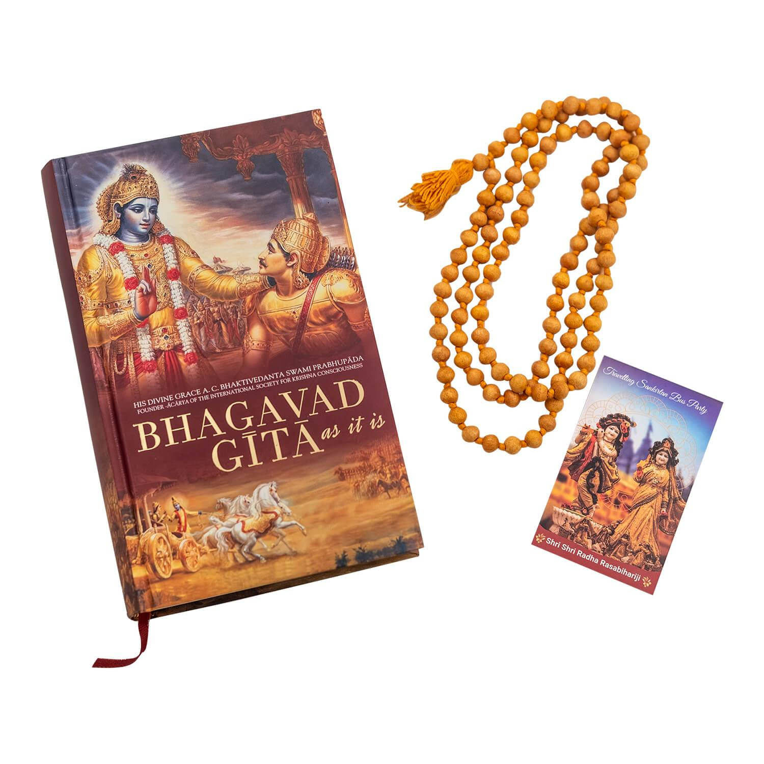 hindu iPhone 桌布 壁紙 — 一本神聖的《薄伽梵歌》書籍，封面有神聖人物，旁邊放著木製念珠和一張小型插圖卡，背景為白色。