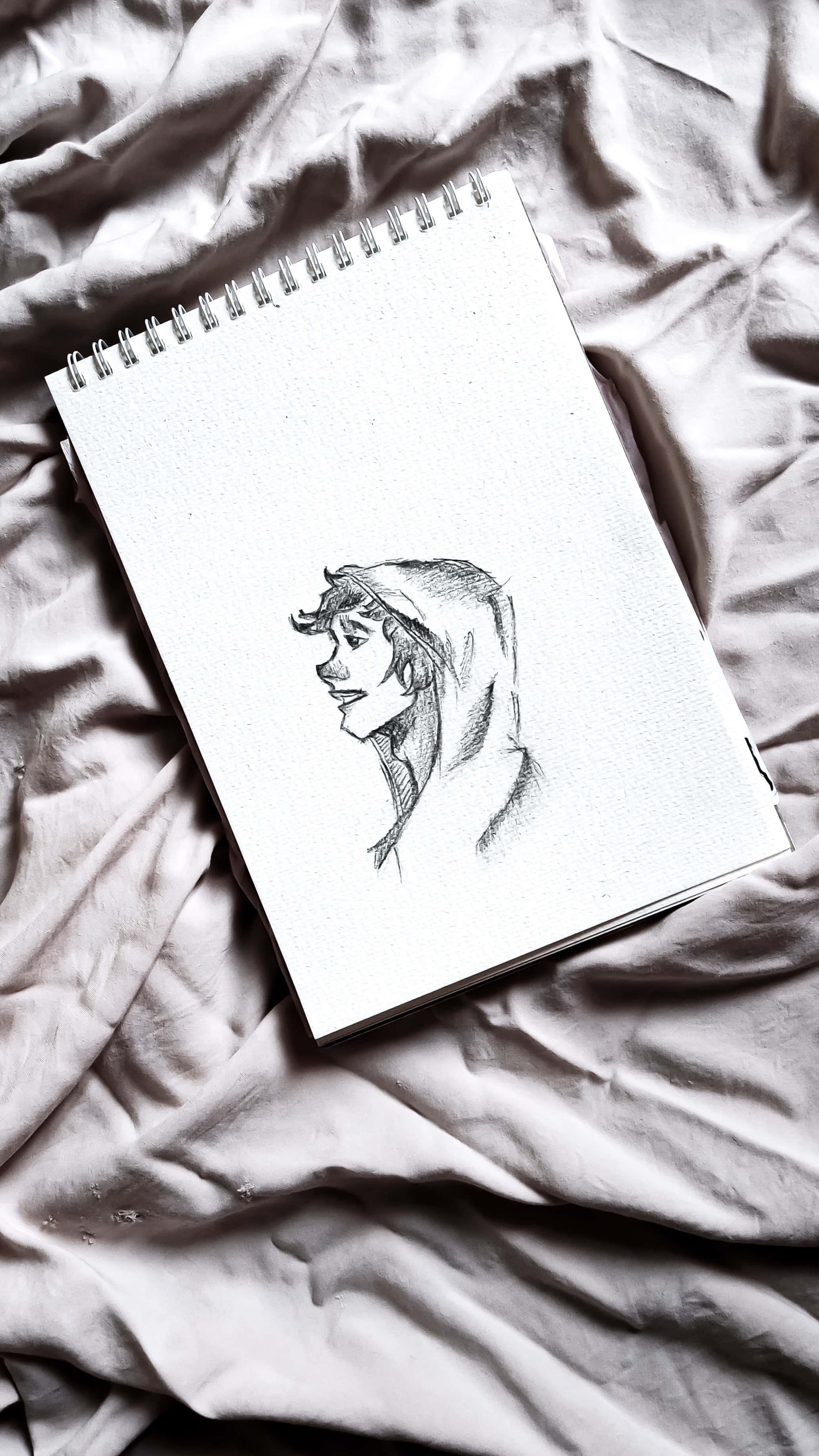 Drawing 桌布 壁紙 — 一本素描簿，上面有微笑人物的側面鉛筆詳細繪畫，放在皺巴巴的灰色布料上。