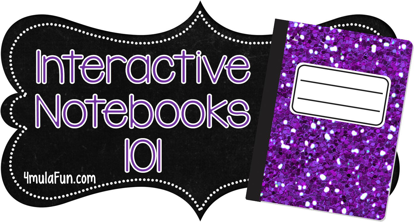 Interactive 桌布 壁紙 — 一本紫色閃粉筆記本旁邊有一塊黑板，上面用發光紫色字體寫著「Interactive Notebooks 101」。