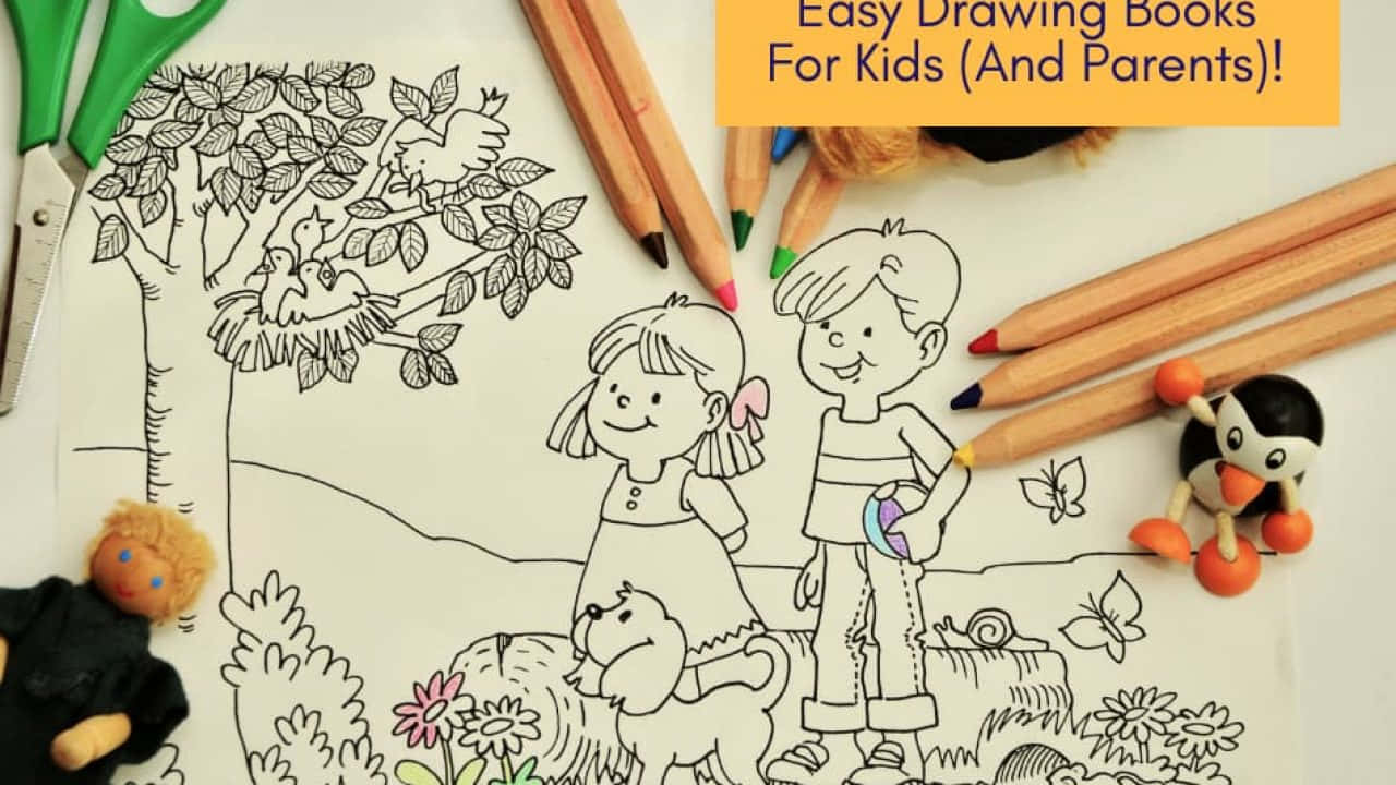 coloring 桌布 壁紙 — 一本著色書頁，上面有兩個小孩和一隻狗在樹下，樹上有鳥和花，周圍有彩色鉛筆、剪刀和毛絨玩具。