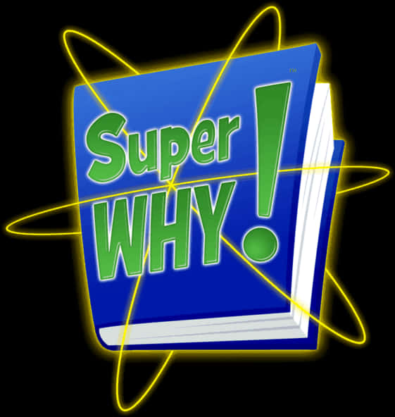 書本 桌布 壁紙 — 一本藍色書名為 Super WHY!，周圍有發光的黃色原子軌道，背景為黑色。