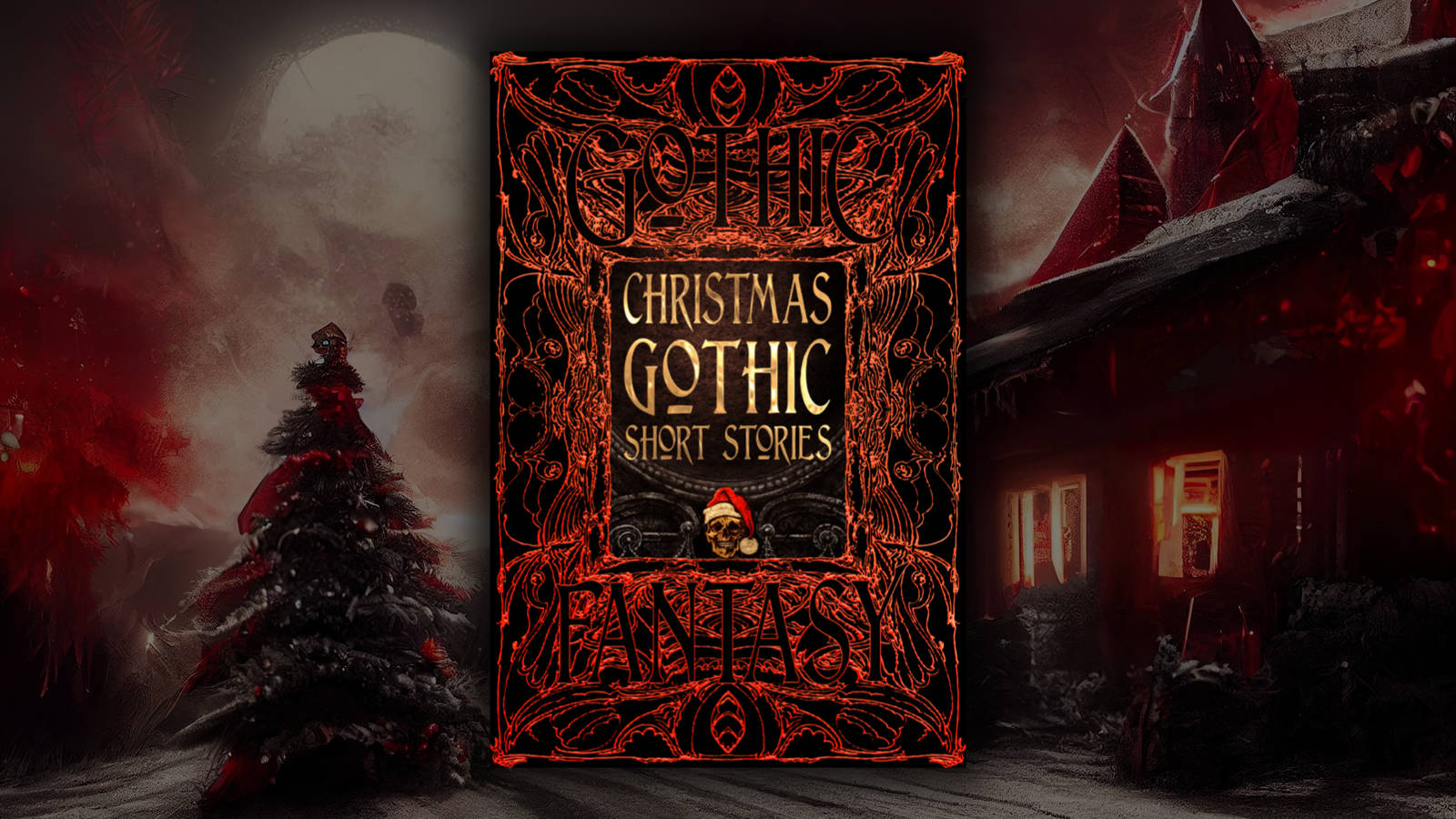 詭異 桌布 壁紙 — 一本裝飾華麗的紅黑哥德式書籍《Christmas Gothic Short Stories》矗立在鬼屋和血紅色的樹前，滿月之下。