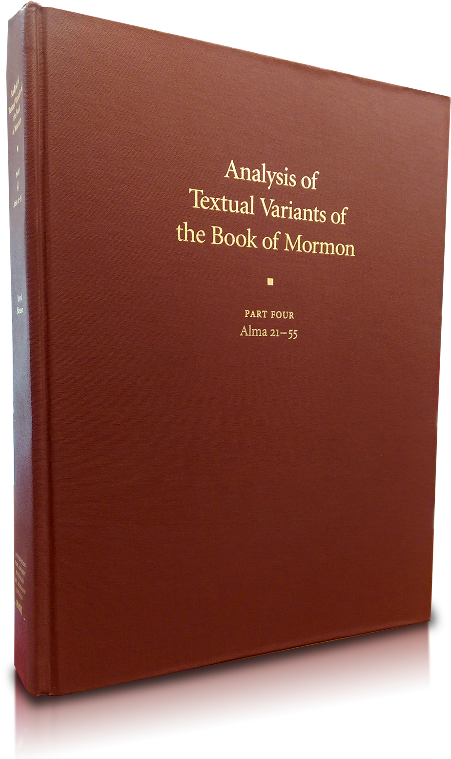 Religious Item 桌布 壁紙 — 一本豐富的勃艮第色精裝學術書籍，名為《Analysis of Textual Variants of the Book of Mormon》，直立於黑色背景前，帶有微妙的倒影。