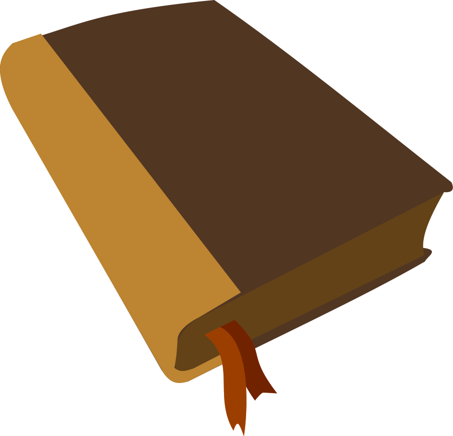 Books Clipart 桌布 壁紙 — 一本風格化的棕色書本，帶有黃色書脊和橙色書籤，背景為黑色。