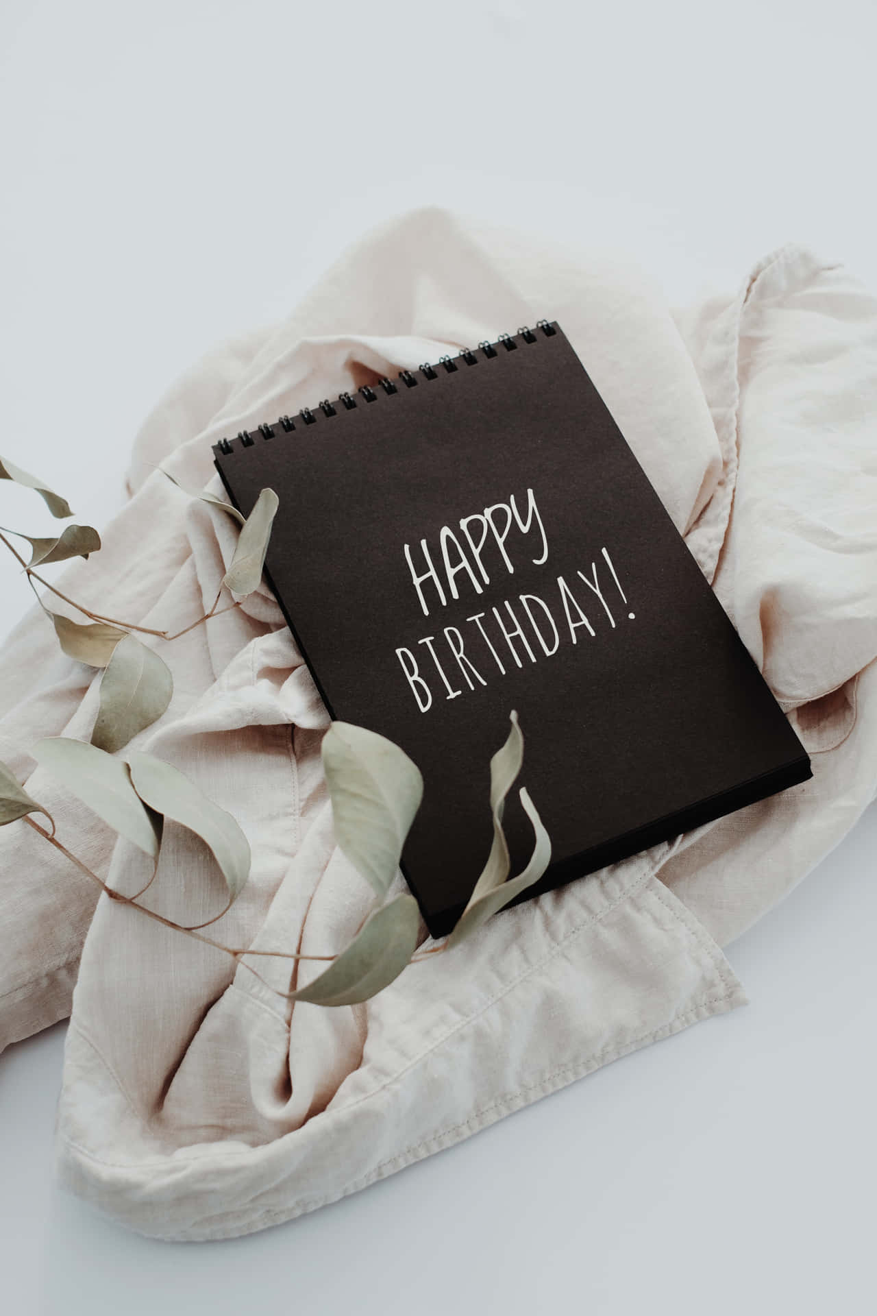 生日快樂 桌布 壁紙 — 一本黑色螺旋筆記本，上面有白色手寫字體 'HAPPY BIRTHDAY!'，放在柔軟的米色布料上，搭配乾燥的桉樹葉。