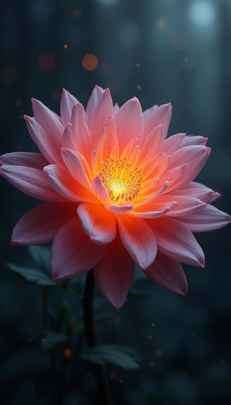 Flower 壁紙 — 一朵亮麗的粉紅色大麗花，帶有發光的橙色中心，在帶有散景燈光的黑暗模糊背景中綻放。