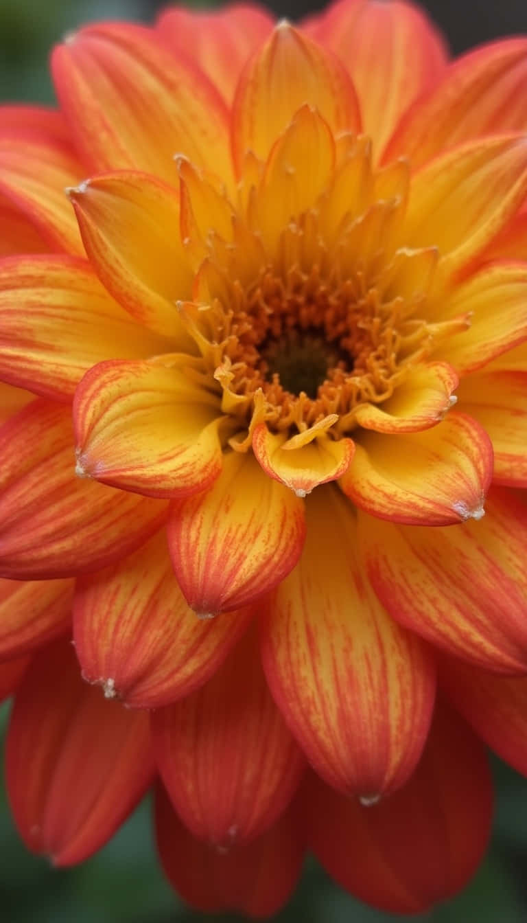 Flower 壁紙 — 一朵充滿活力的大理花近距離特寫，火橙色和黃色的花瓣從有紋理的中心向外綻放。