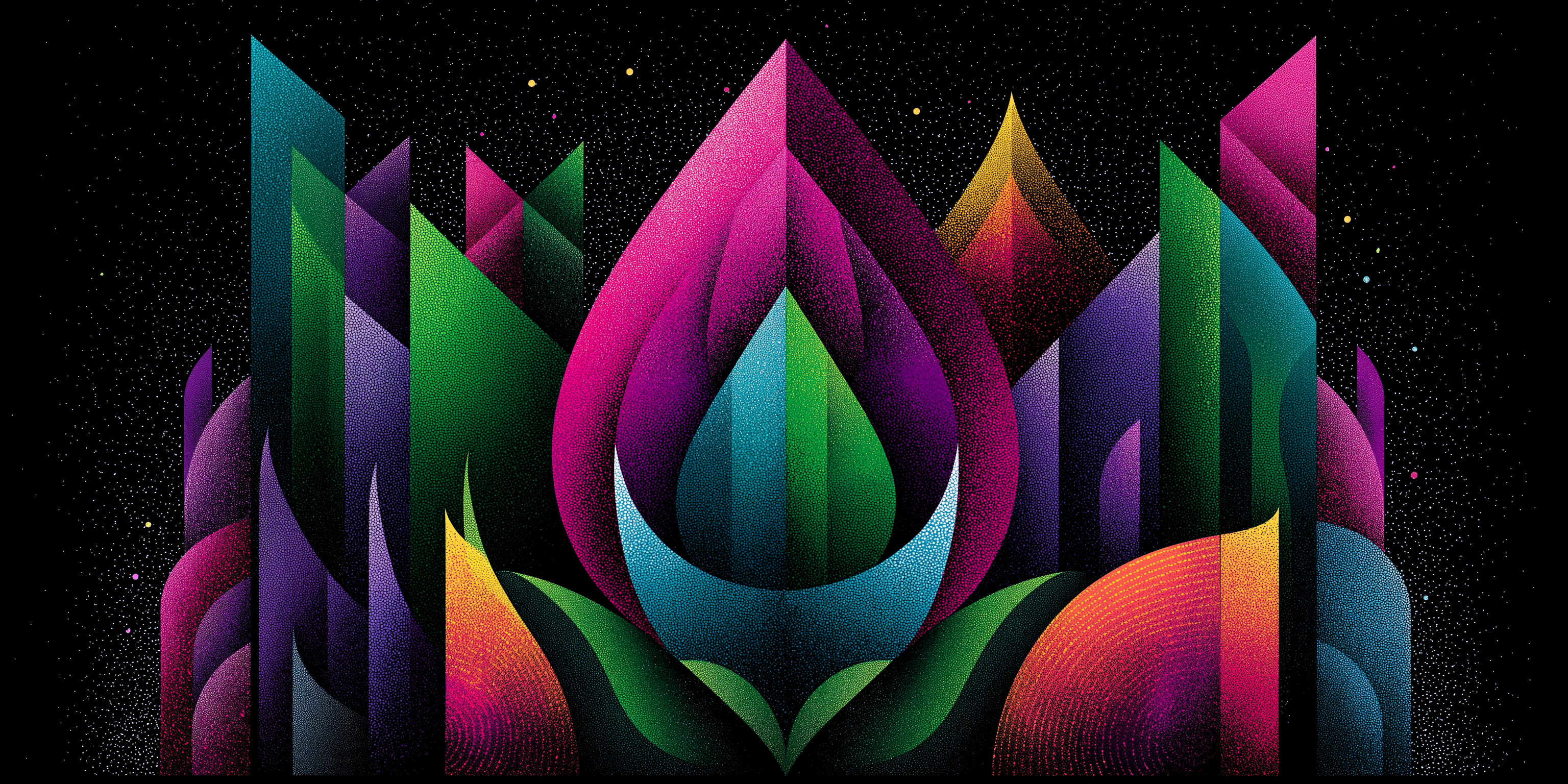 Petals 桌布 壁紙 — 一朵充滿活力的幾何蓮花，帶有洋紅色、綠色和藍綠色的分層花瓣，在星光閃爍的黑色背景上發光。