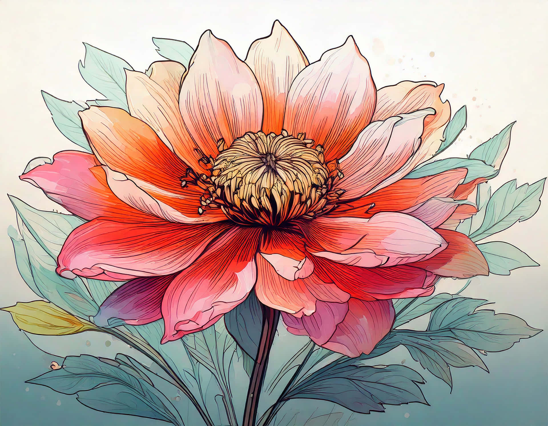 Line Art Flower 壁紙 — 一朵充滿活力的手繪花朵，花瓣層層疊疊，從珊瑚色漸變到深紅色和粉紅色，周圍環繞著青綠色的葉子，背景柔和漸變。