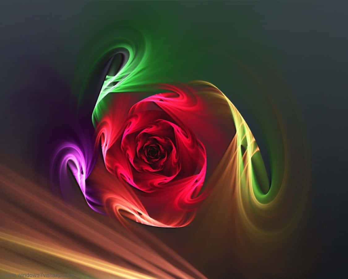 Abstract Rose 桌布 壁紙 — 一朵充滿活力的數位玫瑰在黑暗背景上以螢光綠、紫色和金色光芒旋轉。
