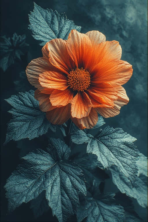 Monochrome Spotlight Orange Bloom Cinematic 壁紙 — 一朵充滿活力的橙色花朵，帶有細膩、層層疊疊的花瓣，在帶有紋理葉子的陰鬱青綠色背景中綻放。