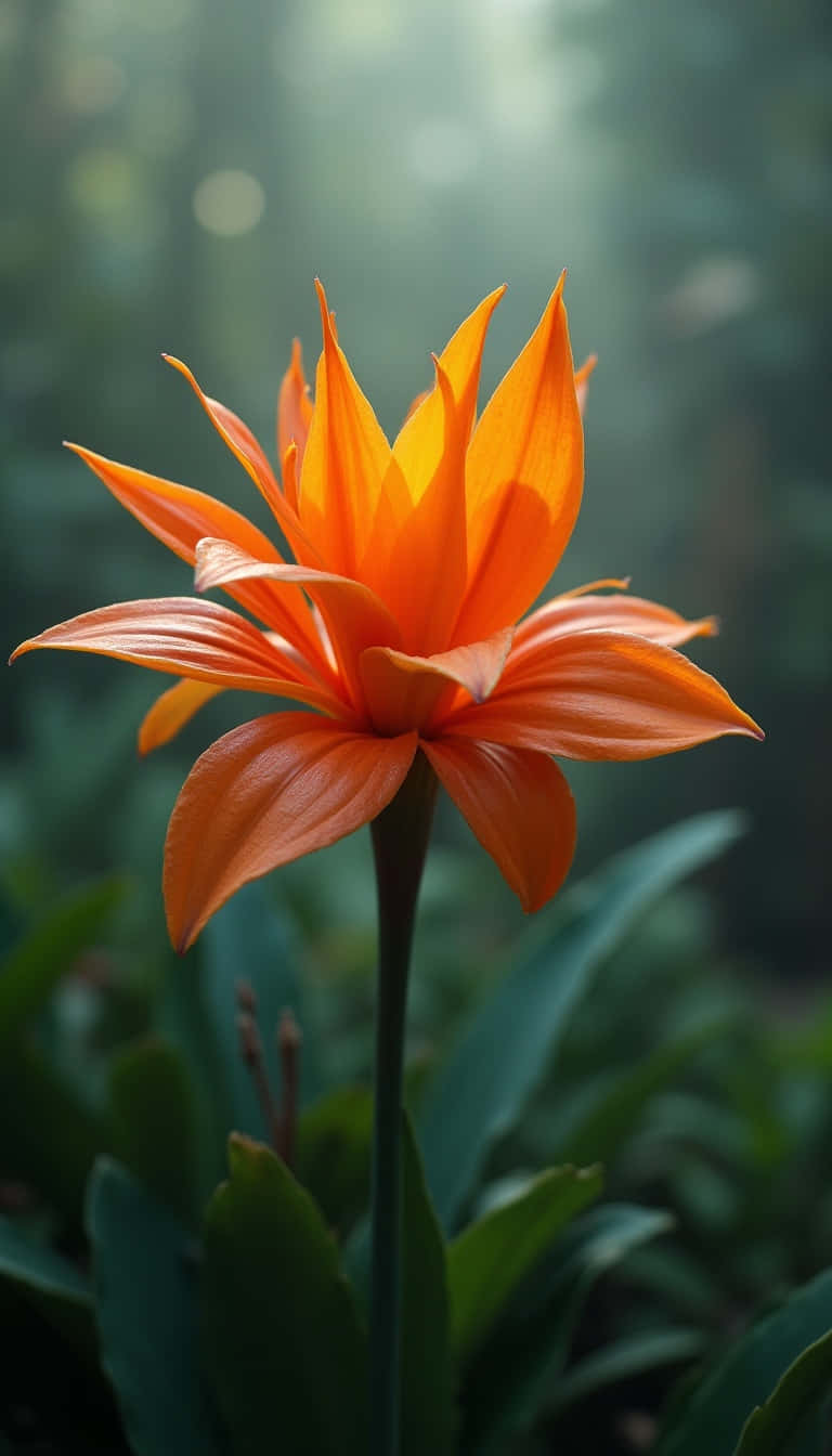 Flower 壁紙 — 一朵充滿活力的橙色花朵，帶有長而尖的花瓣，在柔和的綠色森林背景下，陽光穿透其中，燦爛綻放。